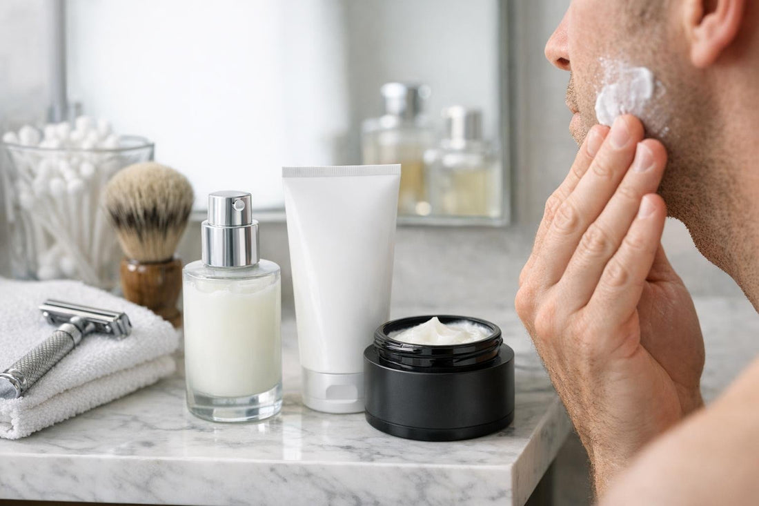 After shave balm applied to soothe freshly shaved skin