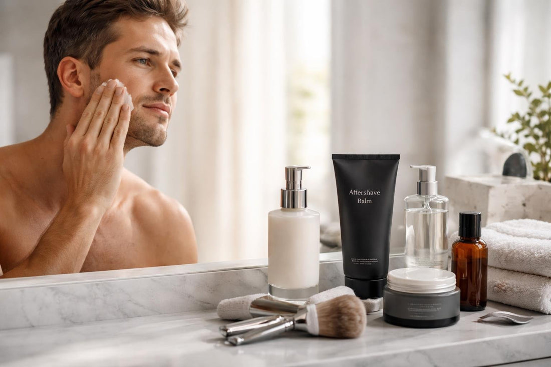 Men applying soothing after shave balm in winter light