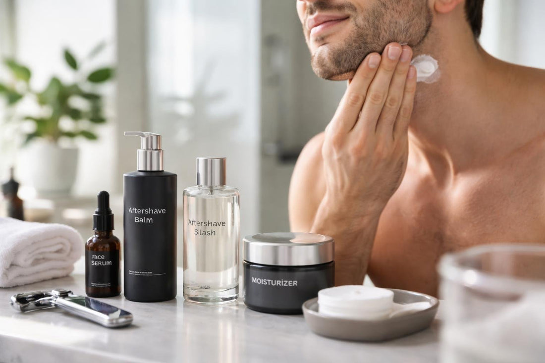 Men applying after shave balm for calm, smooth skin