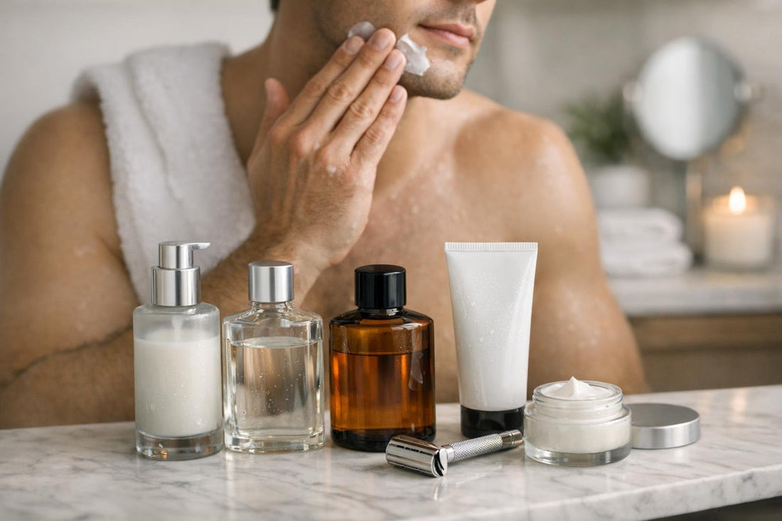 Beginner applying after shave lotion for calm, smooth skin