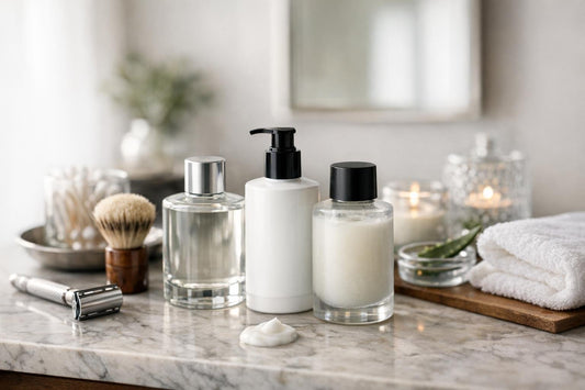 After shave lotion applied to calm freshly shaved skin
