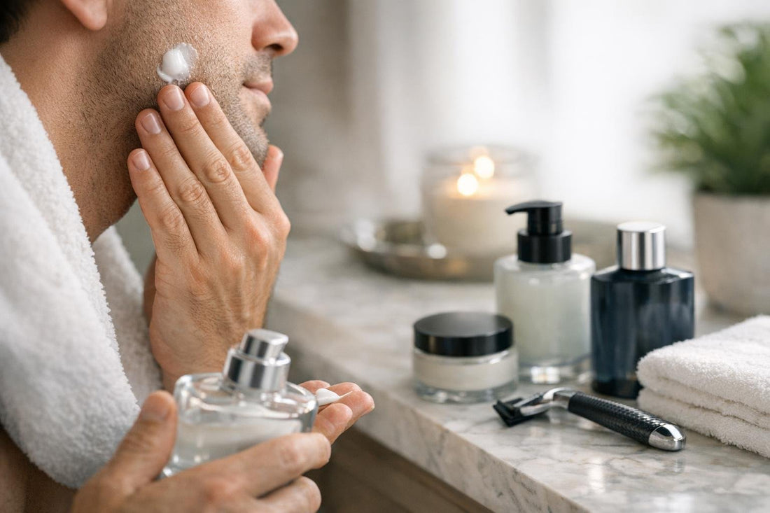 Applying after shave lotion to calm freshly shaved skin