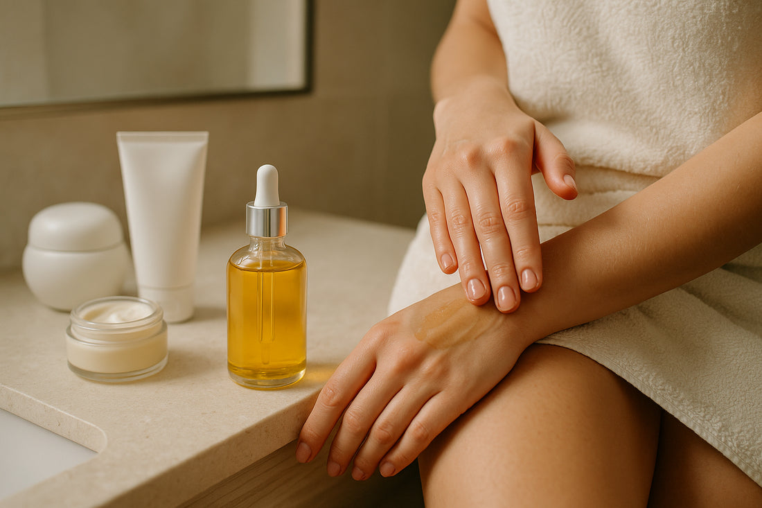 Applying body oil on damp skin after shower