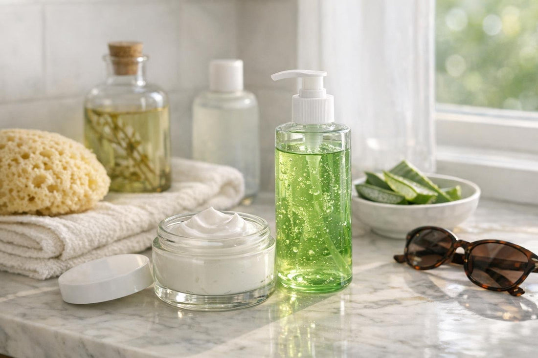 Aloe gel and moisturizer for after-sun skin care on beach
