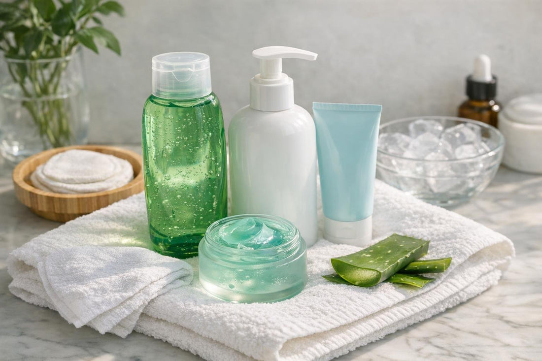 Soothing after sun gel and lotions on towel