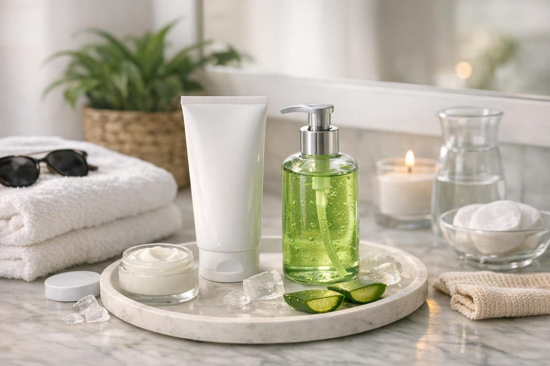 After-sun skin care routine with soothing lotion and gel
