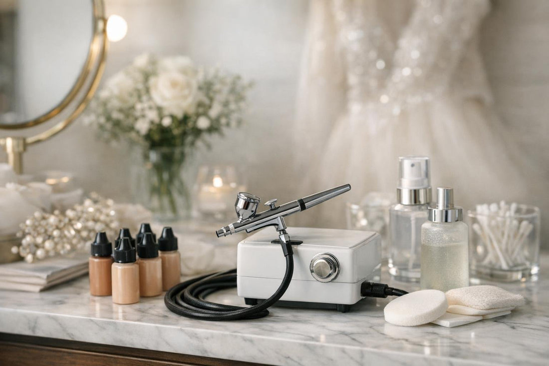 Bridal artist using an airbrush makeup system outdoors