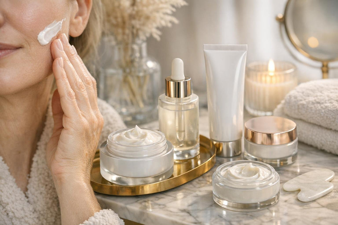 Facial contour cream applied to cheeks and jawline in winter