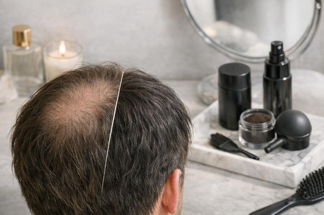 Natural-looking hair fibers coverage on thinning crown in Alberta