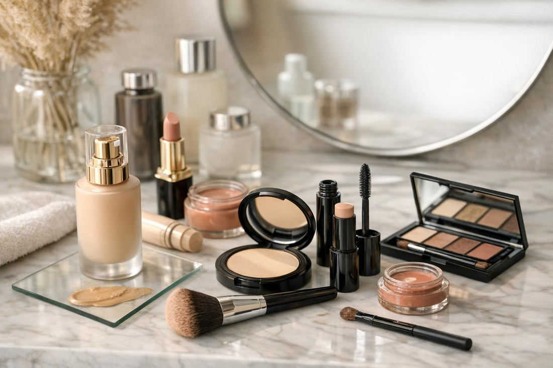 Everyday and makeup essentials laid out neatly