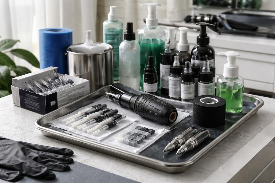 Professional tattoo supplies essentials laid out for Alberta setup