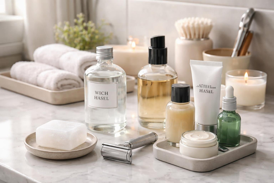 Alum block and shaving alternatives on bathroom counter