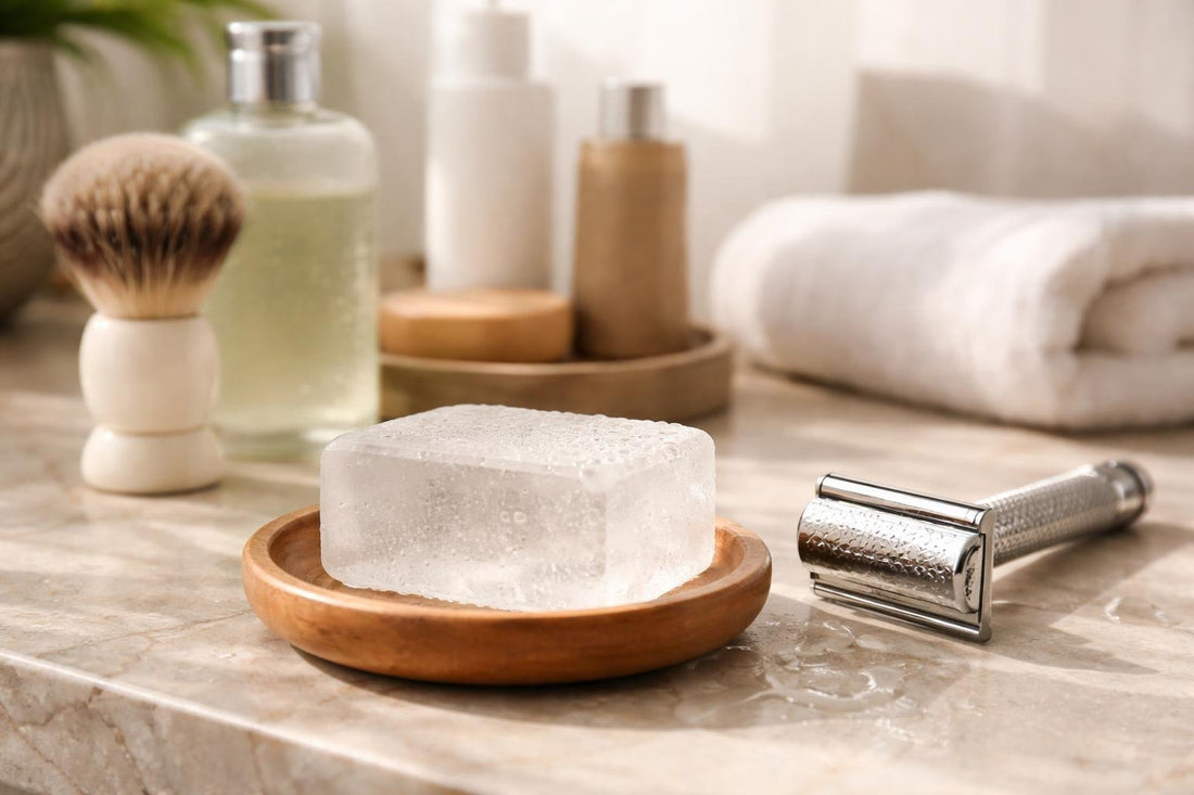 Alum block beside razor for post-shave soothing grip