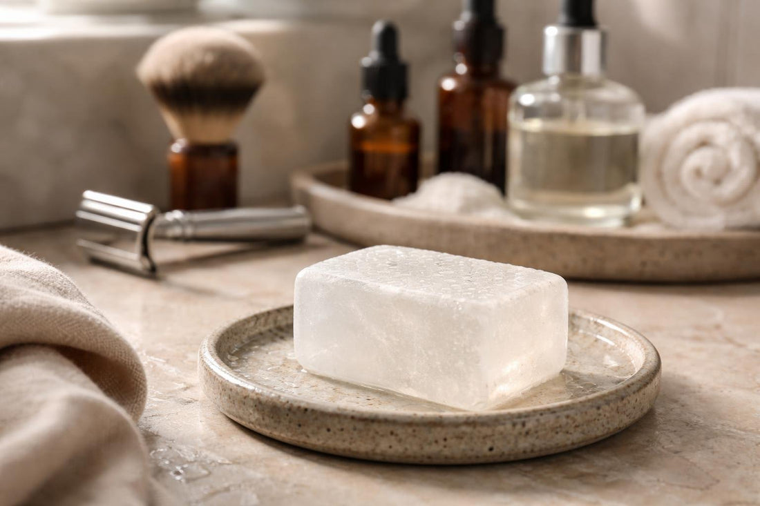 Alum block used after shaving to calm winter dryness