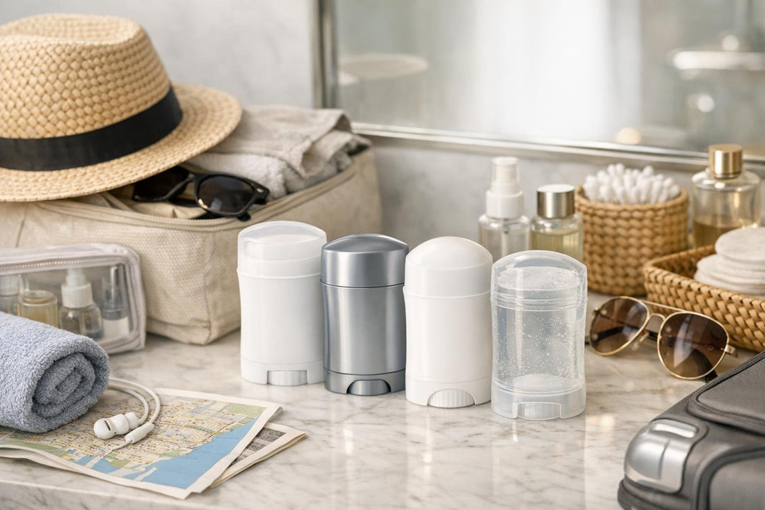 Assorted antiperspirant sticks and travel essentials for summer