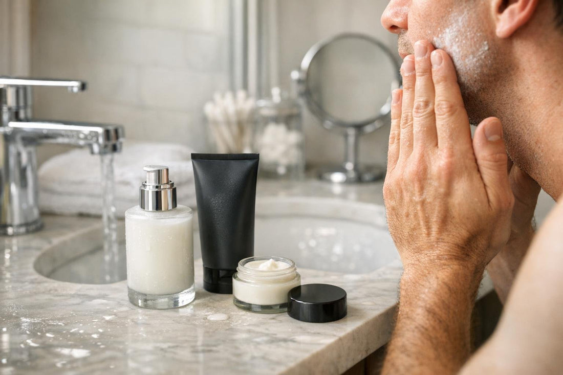 Applying after shave balm gently to calm irritated skin