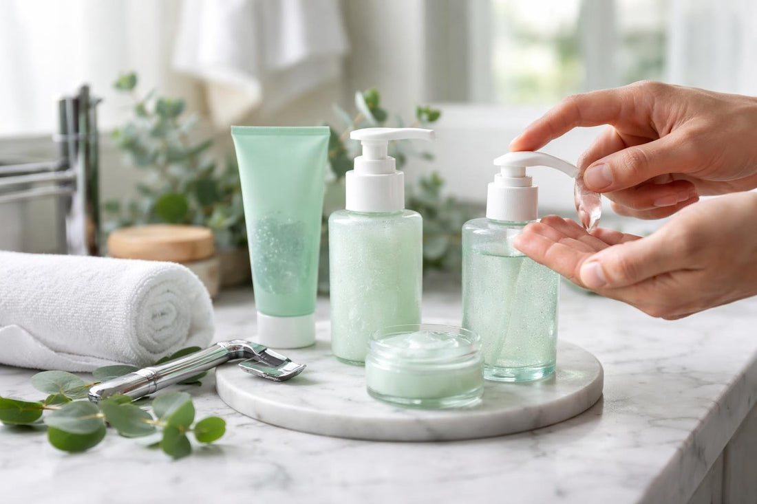 Applying soothing after shave gel to freshly shaved skin