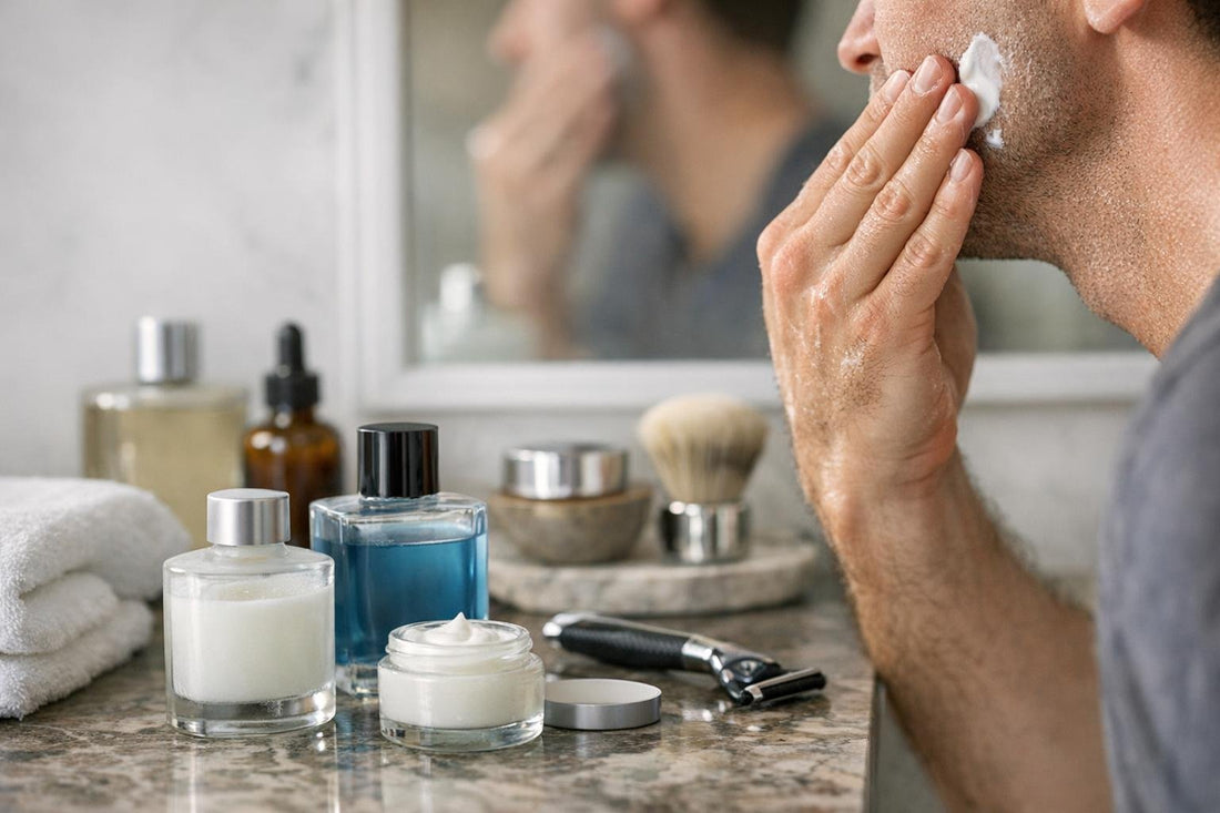 Applying after shave lotion to calm freshly shaved skin