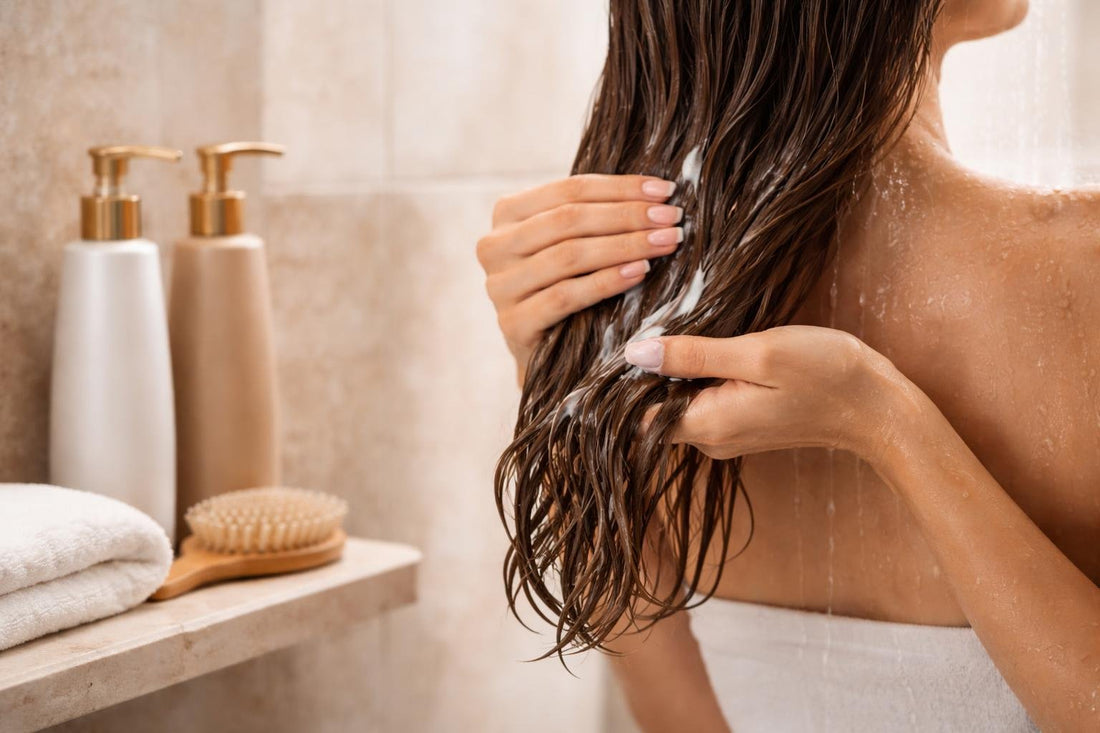 Applying professional conditioner to hair ends in shower