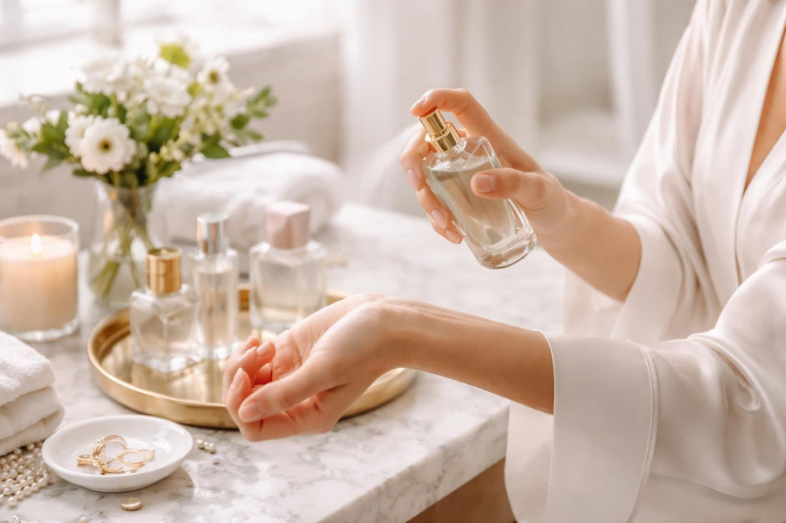 Woman applying eau fraîche on wrists for fresh scent
