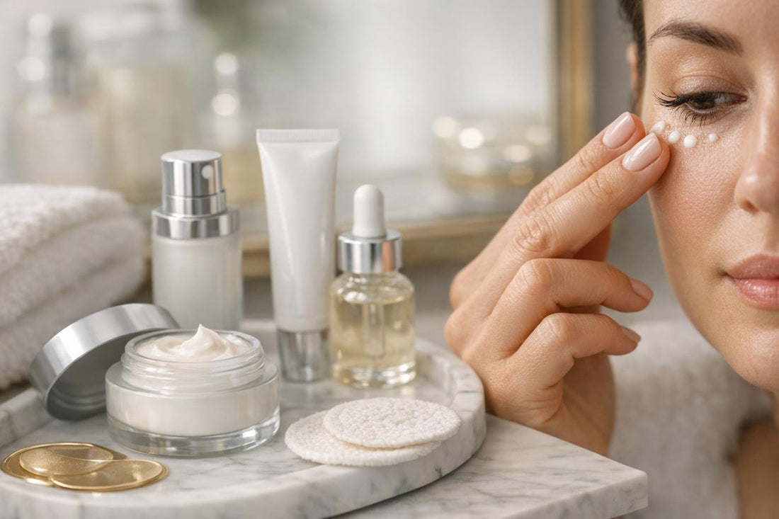 Applying eye treatment cream with ring finger on orbital bone