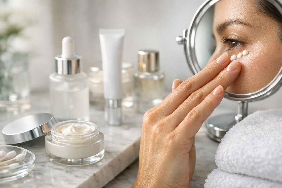 Applying eye cream with ring finger on orbital bone