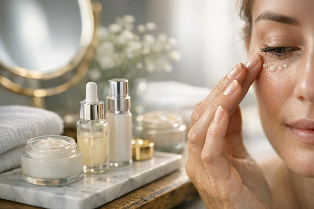 Applying eye serum with ring finger along orbital bone