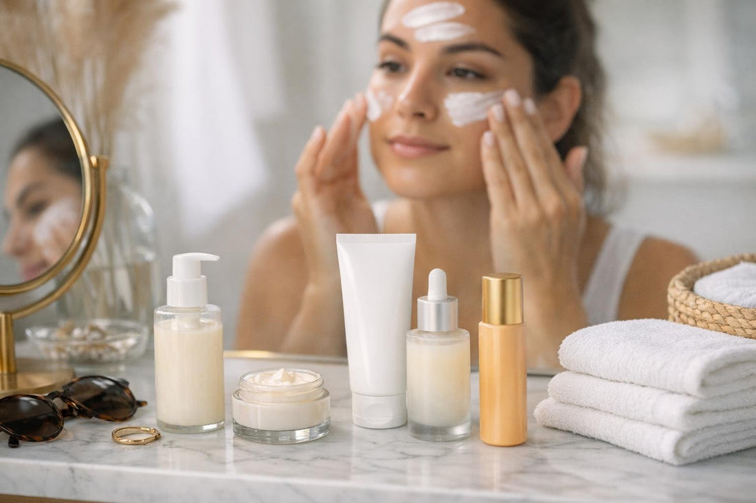 Applying facial sunscreen evenly on cheeks and forehead
