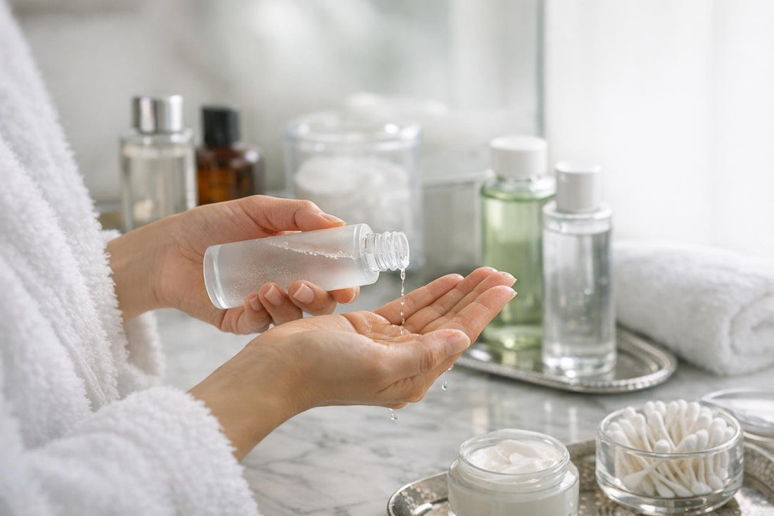 Applying facial toner after cleansing with clean hands