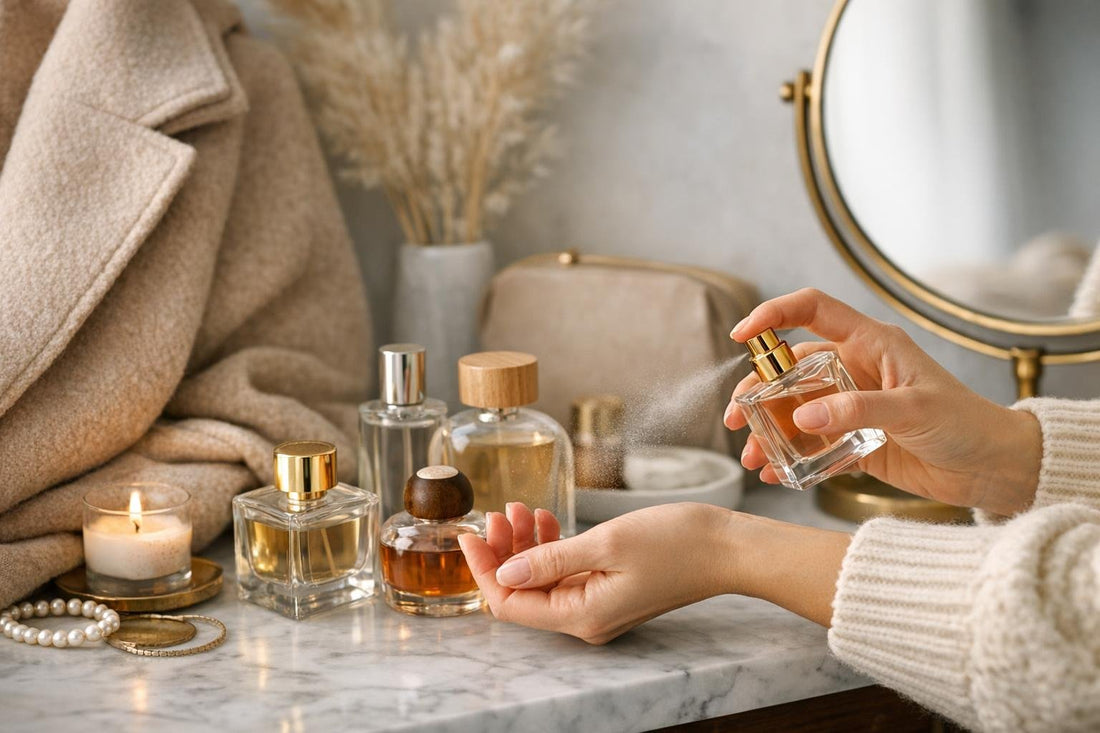 Person applying fragrance to wrist near a cozy outfit