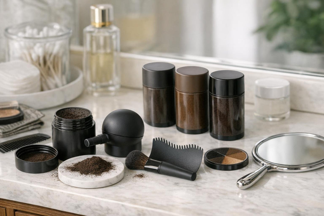 Applying hair building fibers for a natural hairline