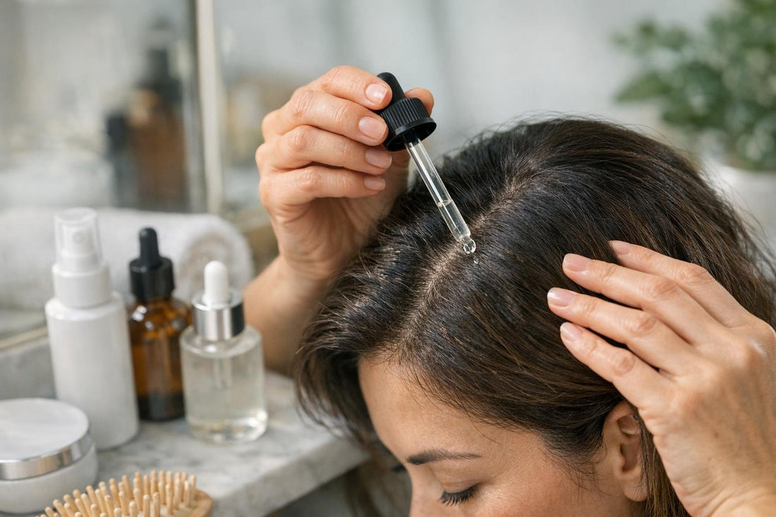 Applying hair regrowth tonic to scalp in sections