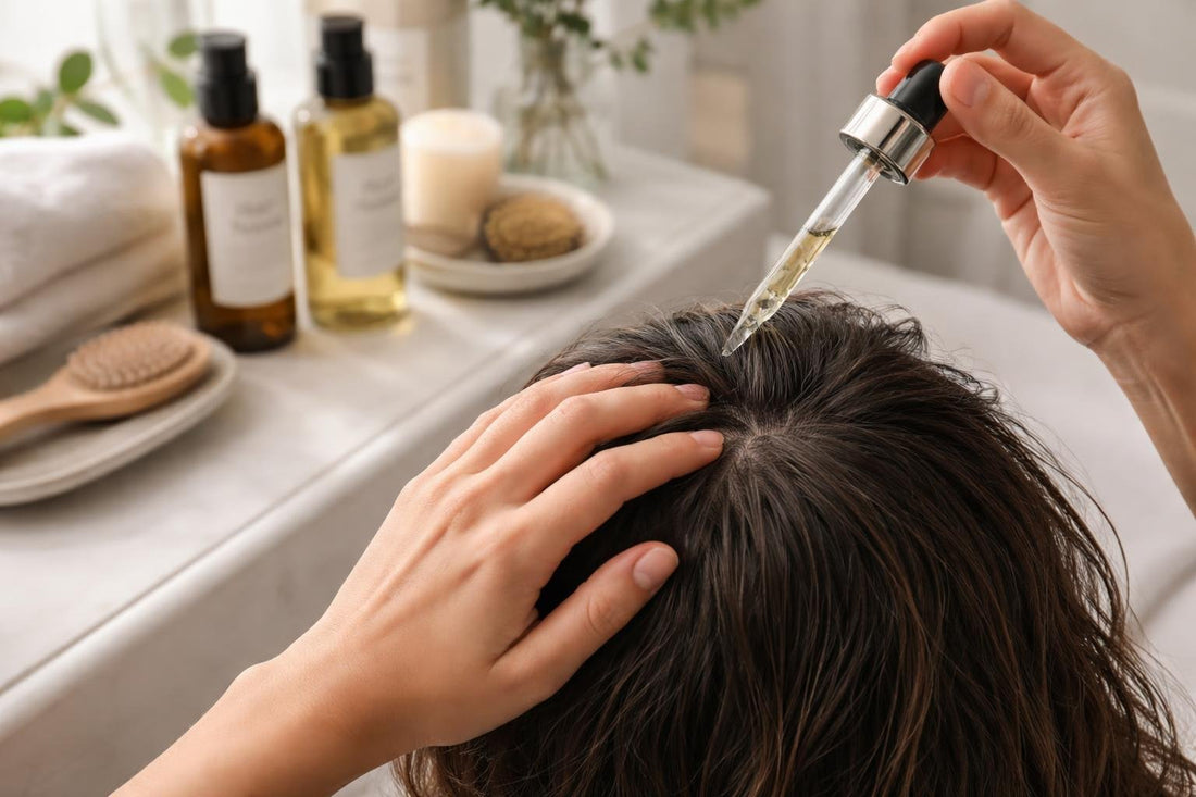 Applying hair tonic to scalp with gentle massage