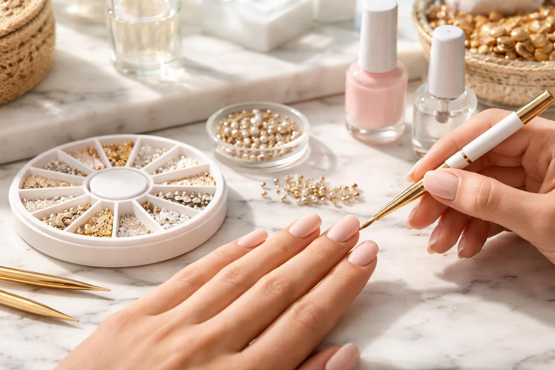 Applying nail art studs on gel polish manicure