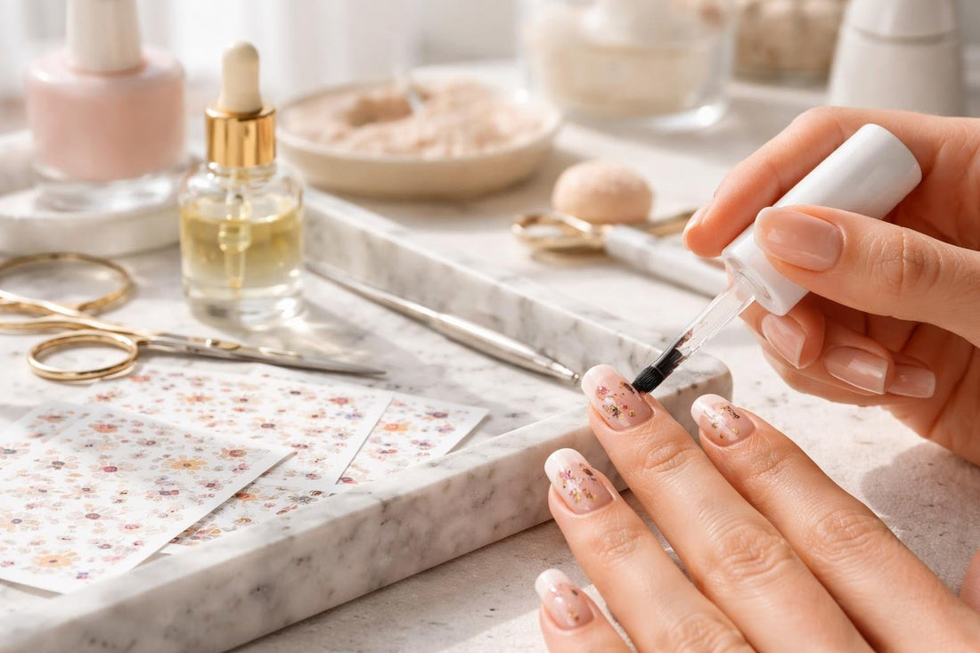 Applying nail art stickers and decals with smooth top coat