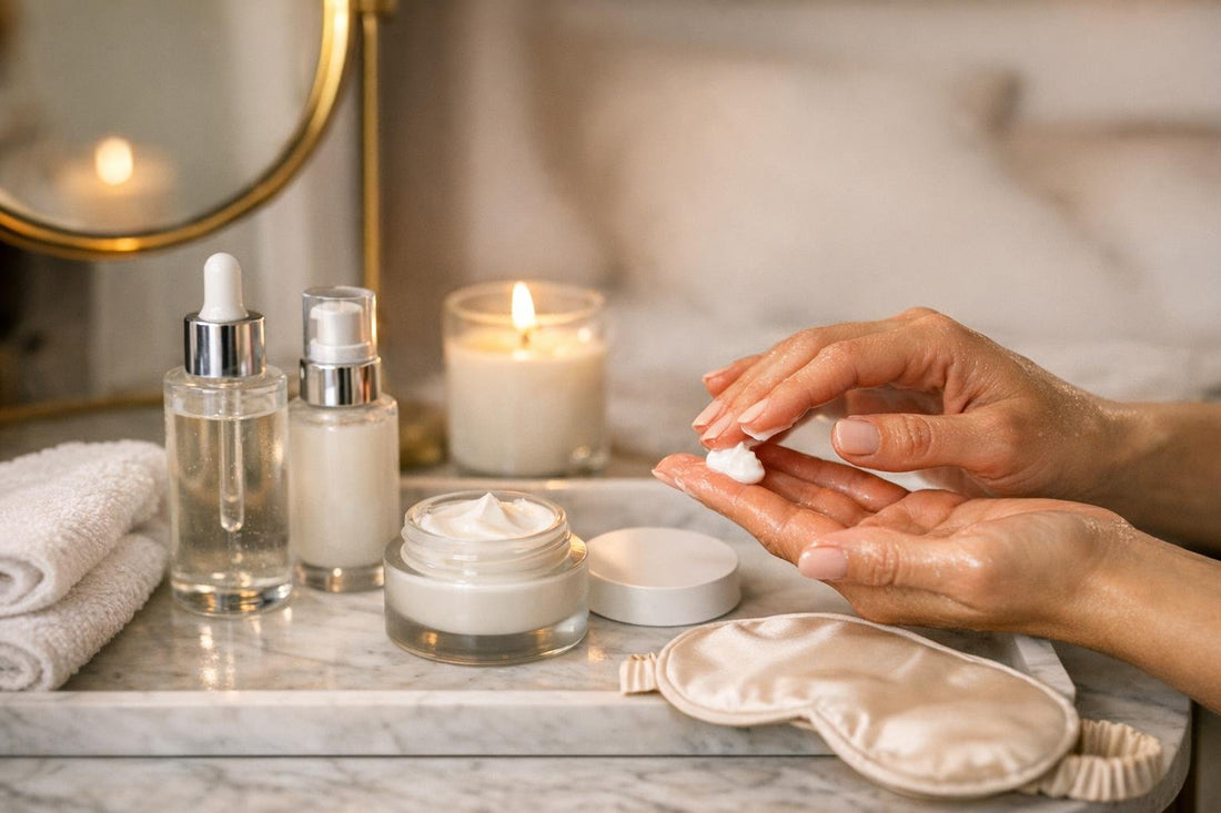 Applying facial night cream after serum before bedtime