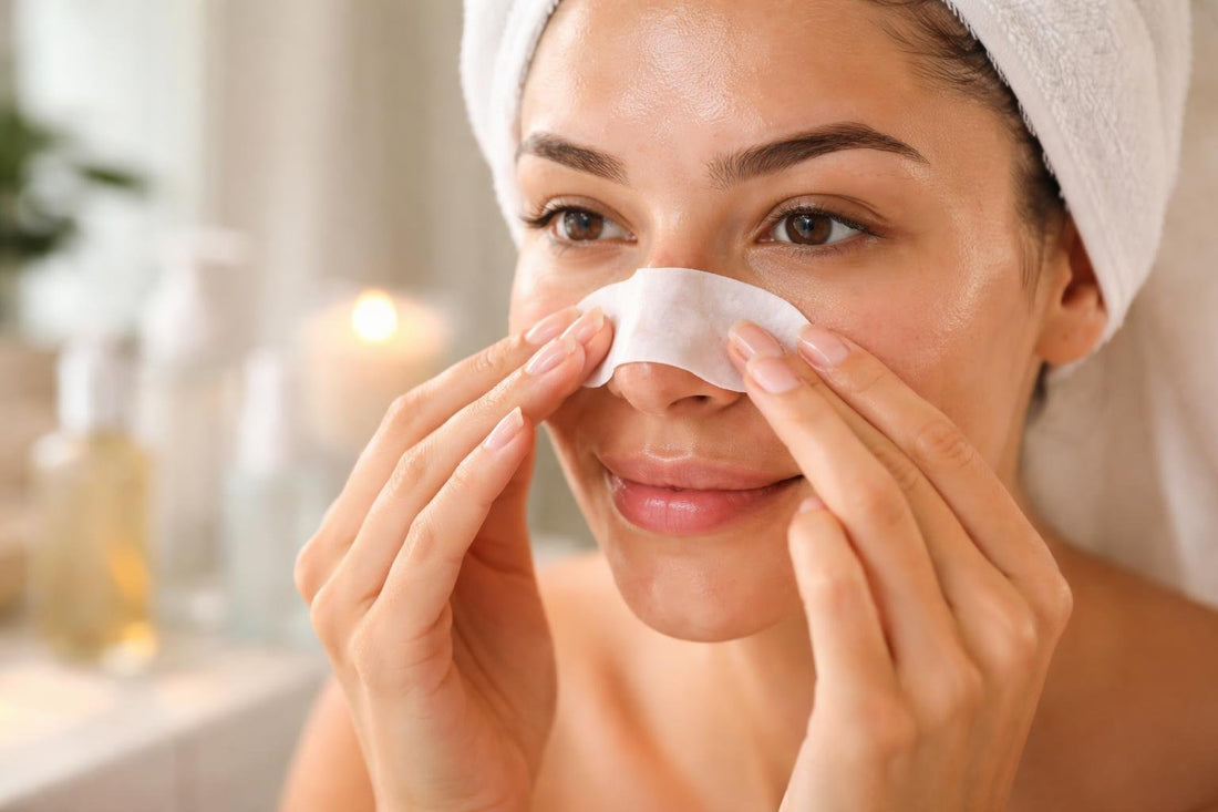 Hands applying a pore strip to a damp nose