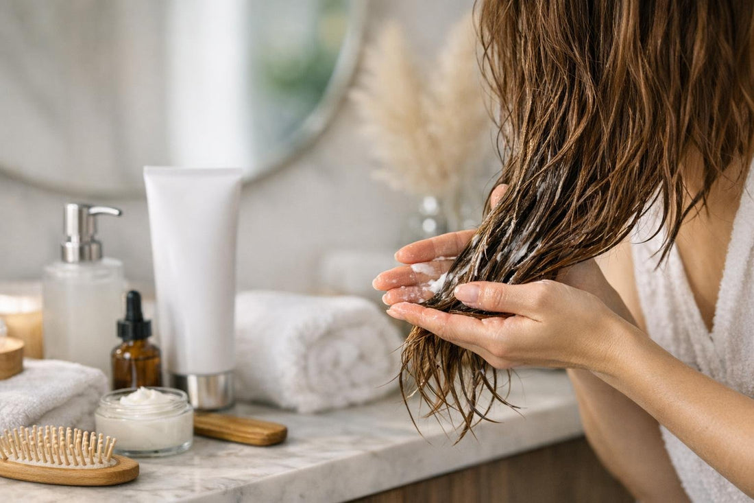 Applying hair regrowth conditioner to mid-lengths and ends