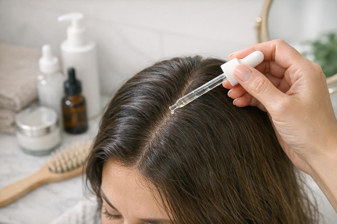 Applying scalp serum along part line for thinning hair