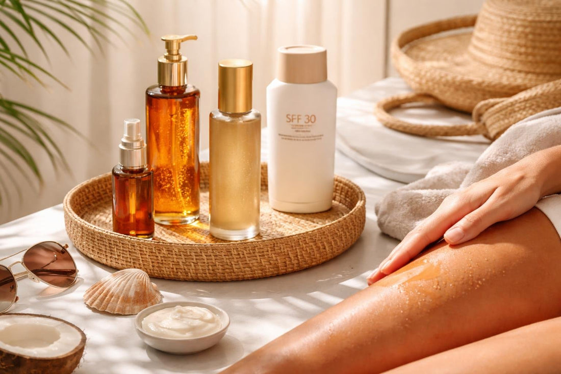 Applying tanning oil evenly on beach with sunscreen