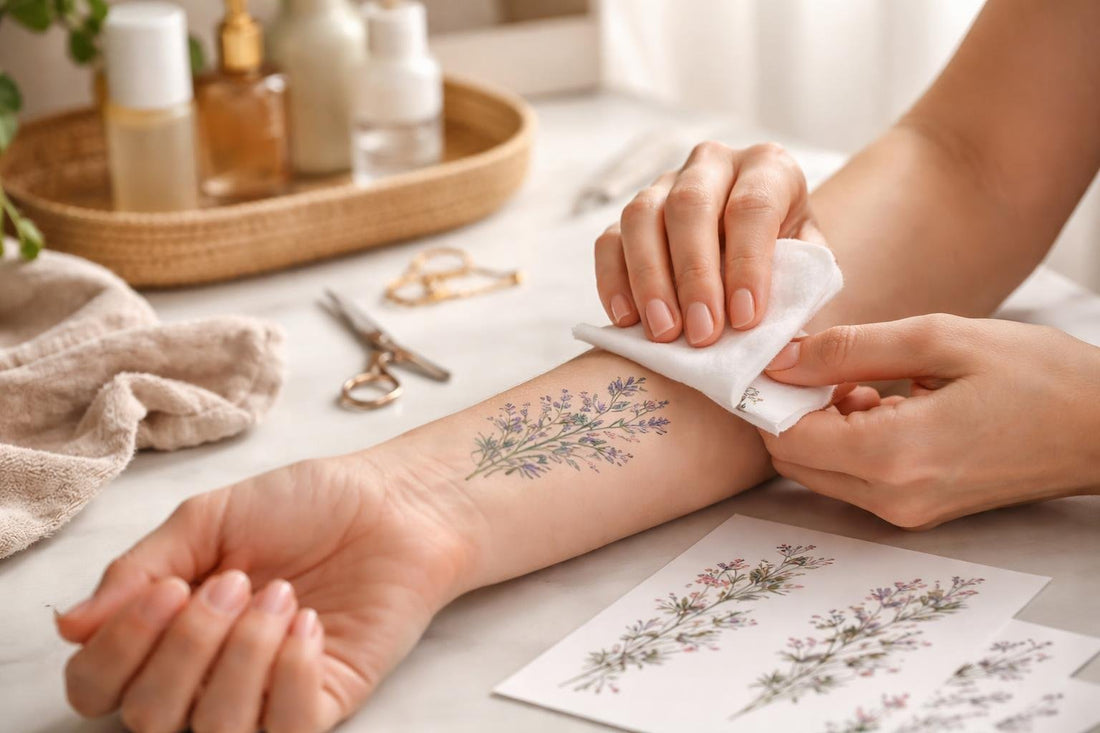 Hands applying temporary tattoo with damp cloth on arm