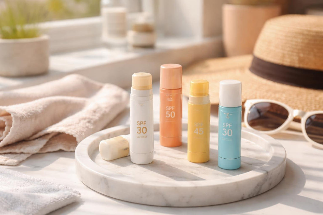 Applying broad-spectrum lip sunscreen outdoors in bright sunlight