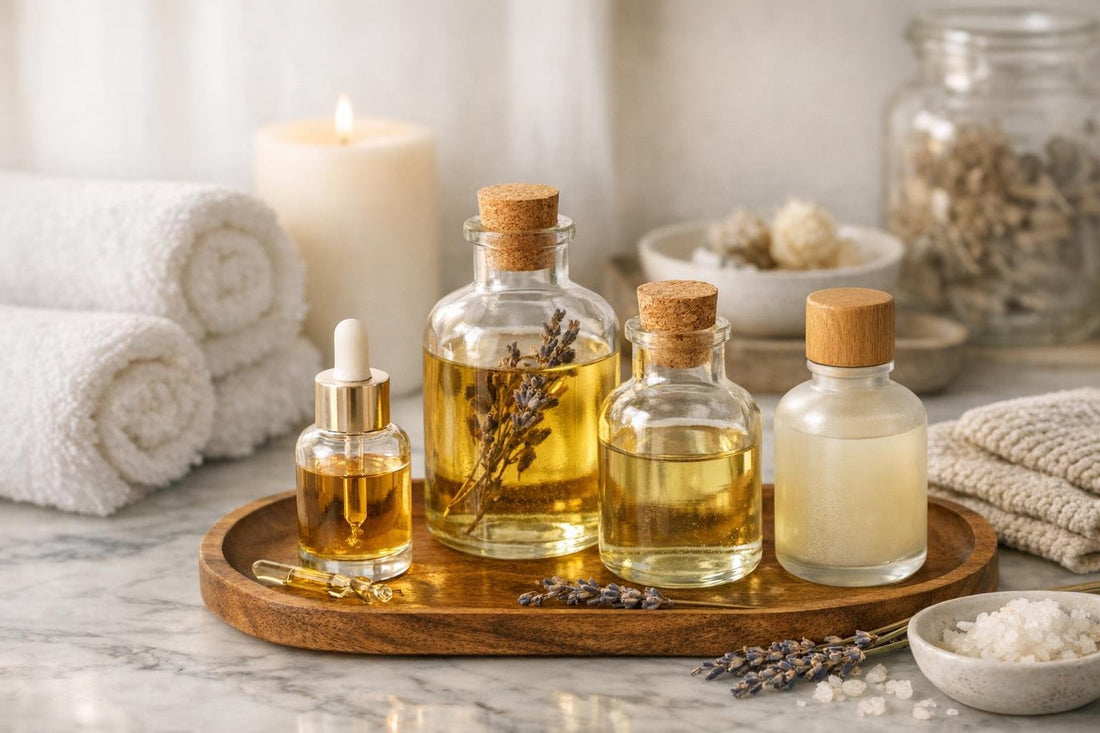Winter aromatherapy bath oils in glass bottles with towels