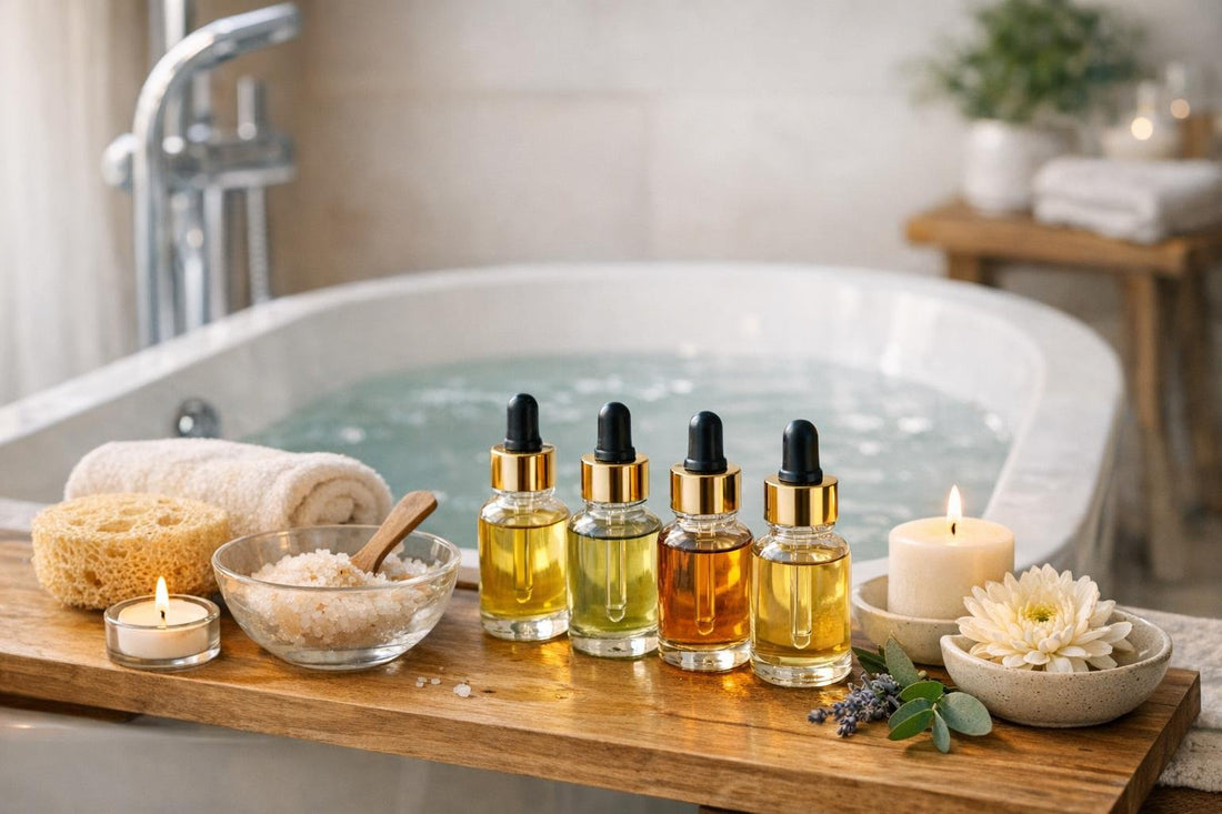 Aromatherapy bath oils beside tub for relaxing soak