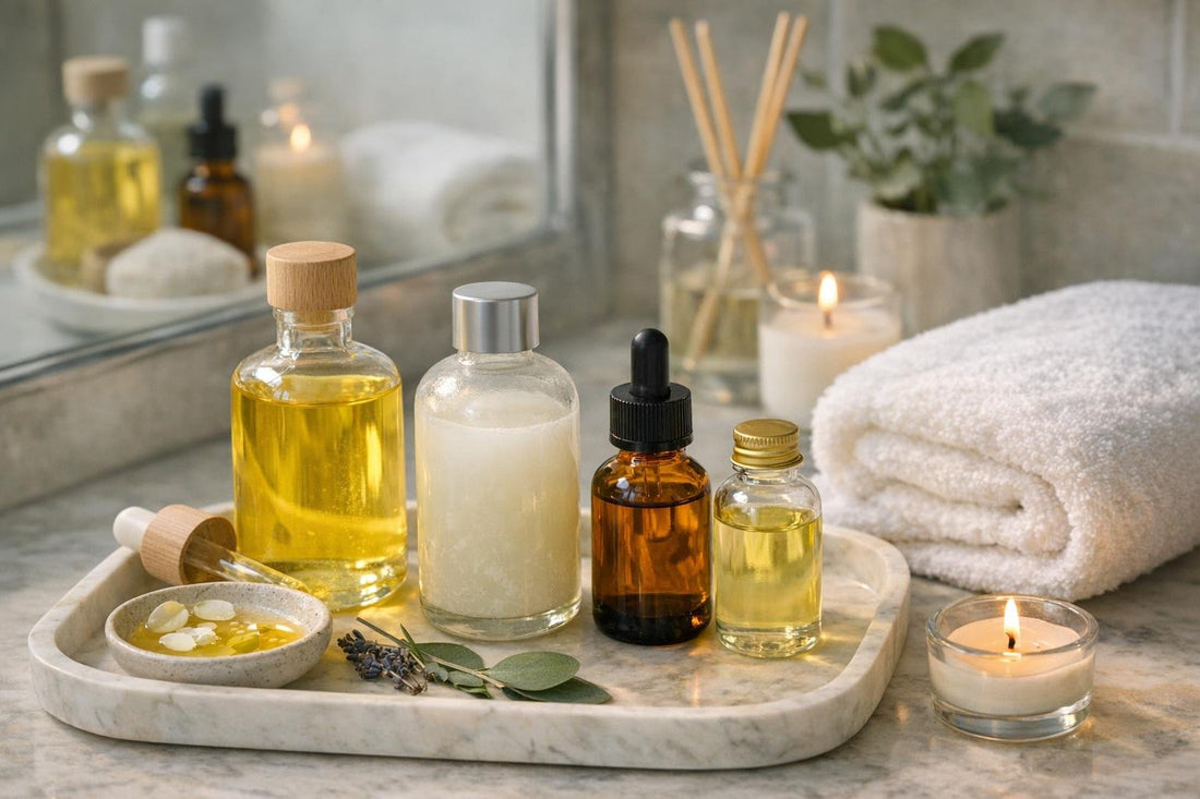 Aromatherapy bath oils in a Canadian bathroom setting