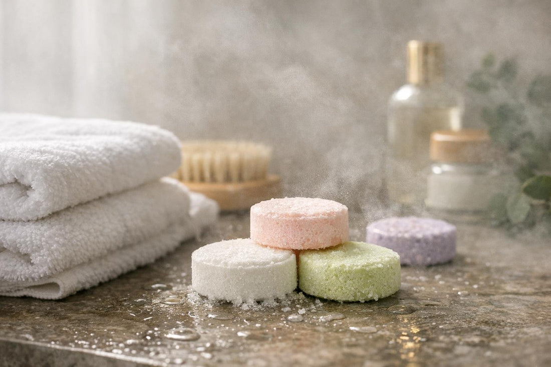 Aromatherapy shower steamers beside towel in steamy bathroom