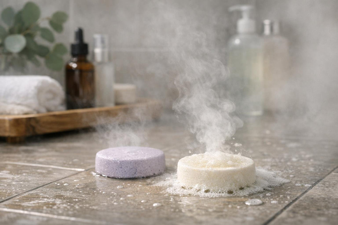 Aromatherapy shower steamers dissolving on a steamy shower floor