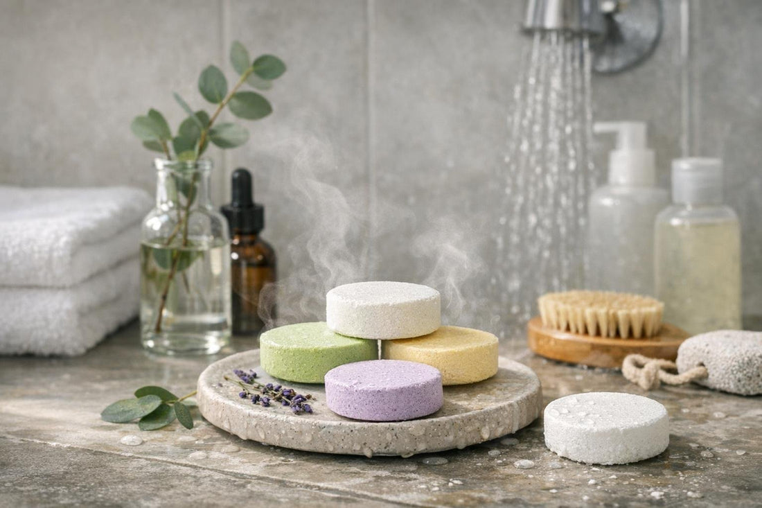 Budget aromatherapy shower steamers in a shower setting