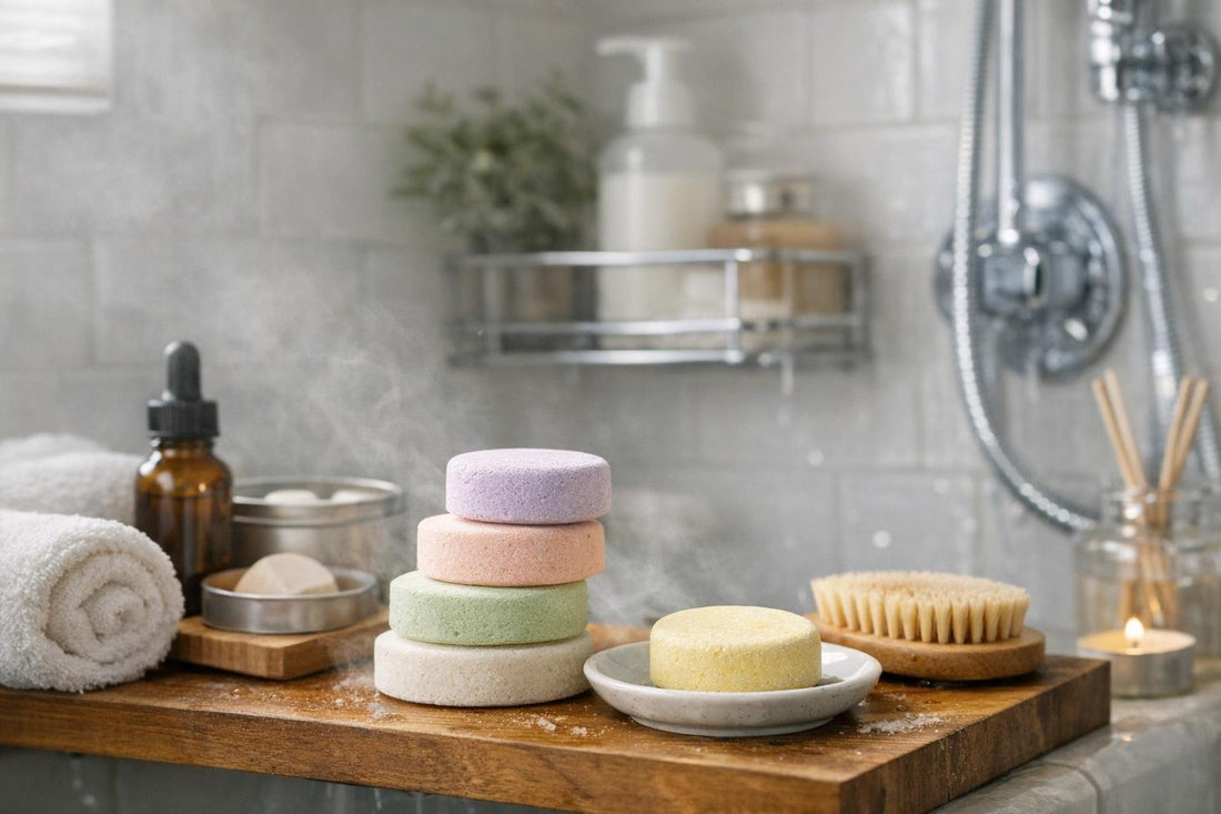 Aromatherapy shower steamers in a compact Canadian bathroom