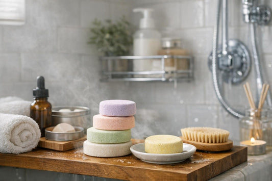 Aromatherapy shower steamers in a compact Canadian bathroom